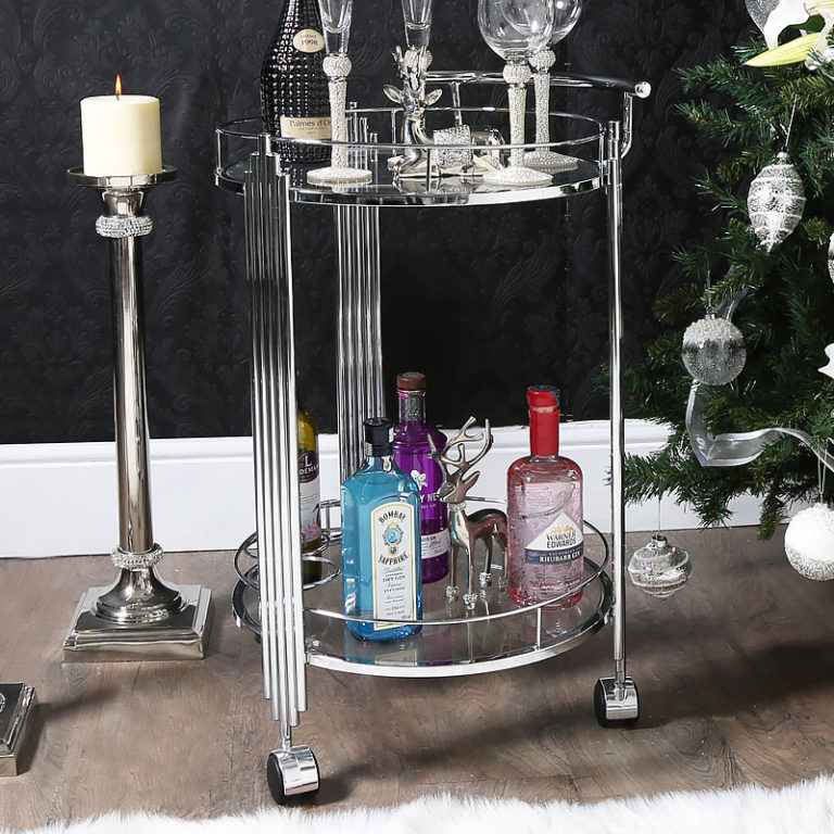 Bailey Drinks Trolley With Circular Chrome Frame And A Mirrored Shelf Picture Perfect Home