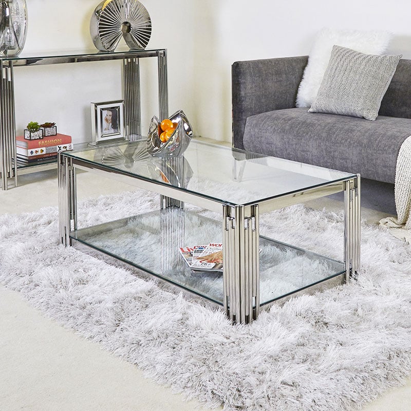 Colton Contemporary Stainless Steel And Glass Coffee Table
