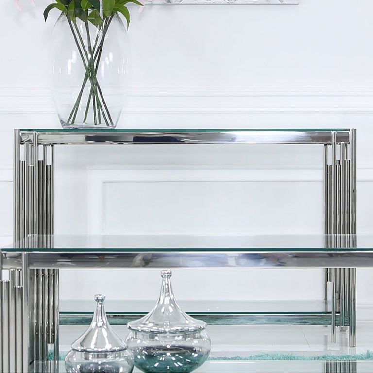 Colton Contemporary Stainless Steel And Glass Dressing Console Table Picture Perfect Home