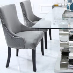 Grey Velvet Dining Chair With Studded Trims And Ring Knocker Back