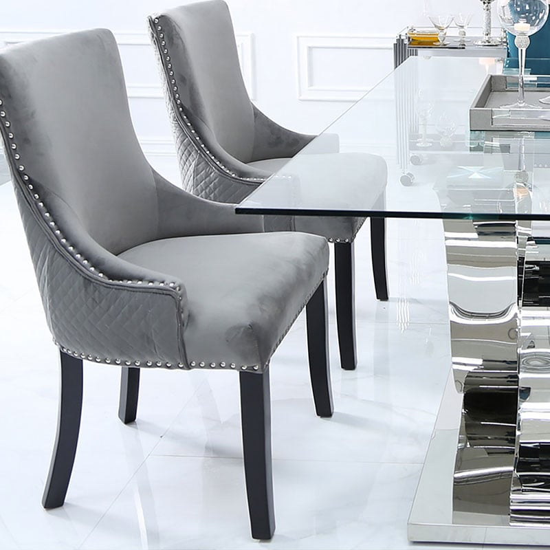 Grey Velvet Dining Chair With Studded Trims And Ring Knocker Back | Picture Perfect Home