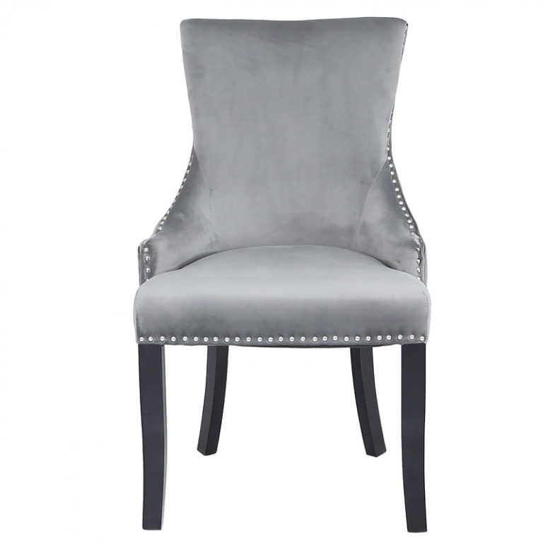 Grey Velvet Dining Chair With Studded Trims And Ring Knocker Back Picture Perfect Home