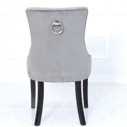 Grey Velvet Dining Chair With Studded Trims And Ring Knocker Back