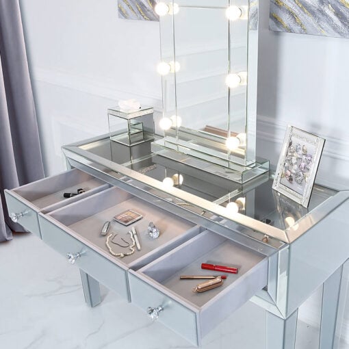 Madison Grey Glass And Mirrored Trim Clear Top 3 Drawer Dressing Table