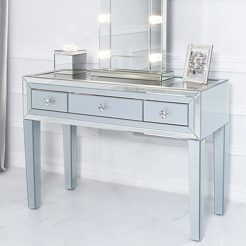 Madison Grey Glass And Mirrored Trim Clear Top 3 Drawer Dressing Table ...