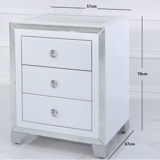 Madison White 3 Drawer Mirrored Display Bedside Cabinet With Clear Top