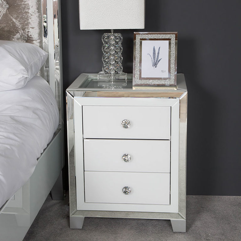 Madison White 3 Drawer Mirrored Display Bedside With Clear Top