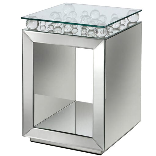 Maia Mirrored Cube Side End Table With Glass Bubbles And A Glass Top