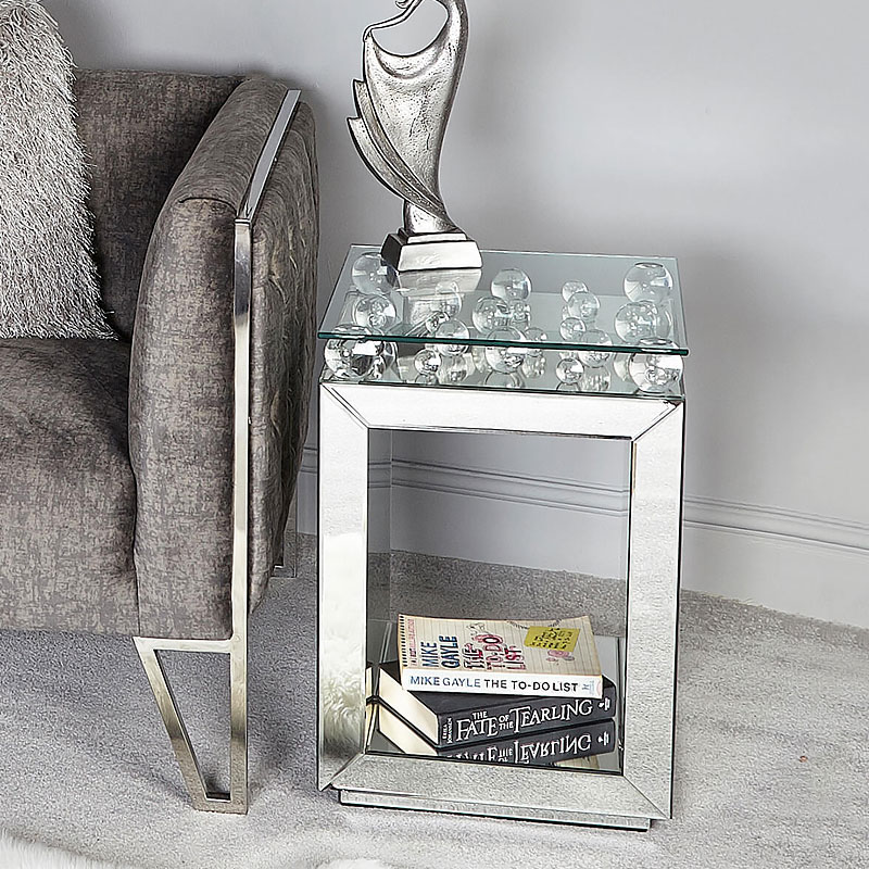 Maia Mirrored Cube Side End Table With, Mirrored Cube Table Uk