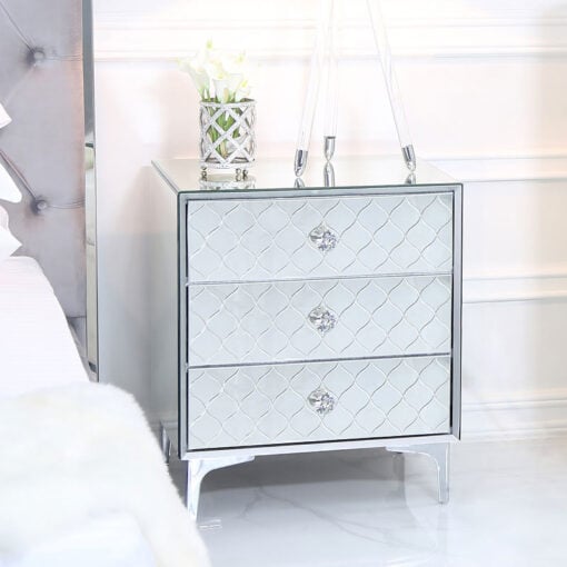 Moresque Silver Mirrored Moroccan 3 Drawer Bedside Cabinet