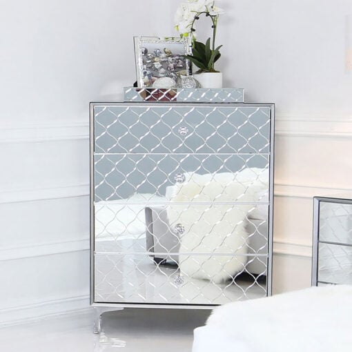 Moresque Silver Mirrored Moroccan 4 Drawer Chest Of Drawers Cabinet