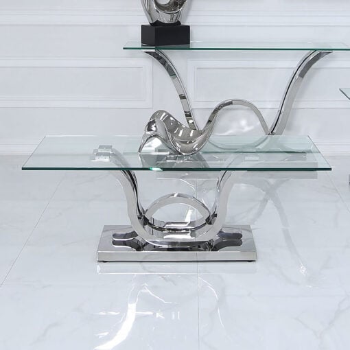 Piper Coffee Table With A Glass Tabletop And A Stainless Steel Base