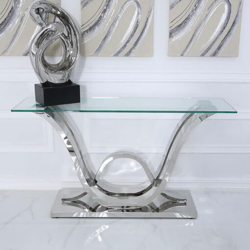 Piper Console Table With A Glass Tabletop And A Stainless Steel Base