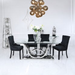 Piper Dining Table With A Glass Tabletop And A Stainless Steel Base