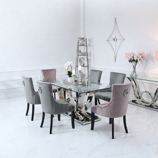 Piper Dining Table With A Glass Tabletop And A Stainless Steel Base