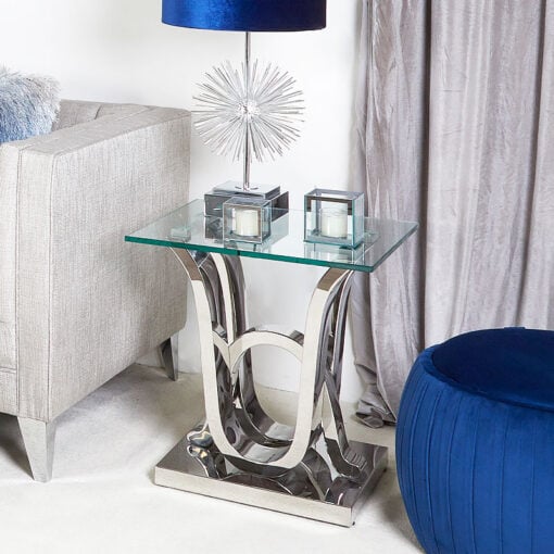 Piper Side End Table With A Glass Tabletop And A Stainless Steel Base