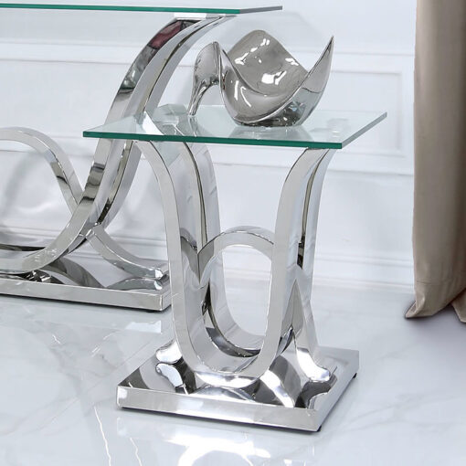 Piper Side End Table With A Glass Tabletop And A Stainless Steel Base