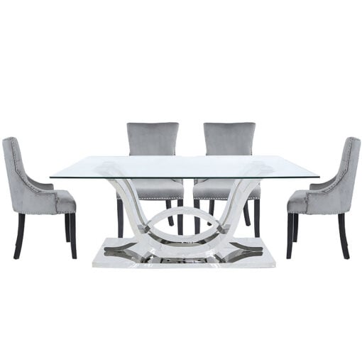 Piper Steel And Glass Dining Table And 6 Grey Velvet Chairs Dining Set