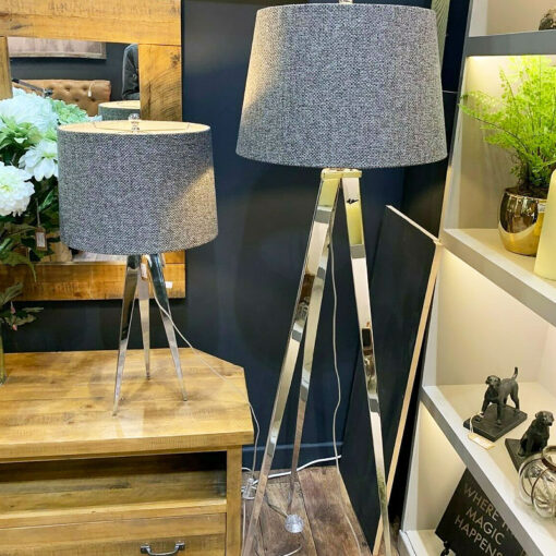 Silver Chrome Contemporary Tripod Table Lamp Grey Tweed Shade 76cm