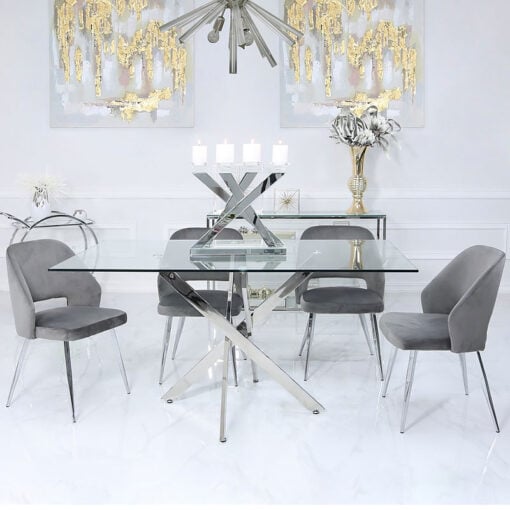 Aurelia Grey Dining Chair With Velvet Upholstered Seat And Chrome Legs