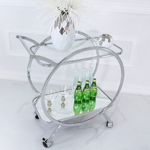 Bailey Drinks Trolley With Circular Chrome Frame And A Mirrored Shelf