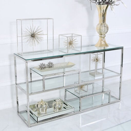 Bailey Stainless Steel 3 Tier Console Table With Glass Shelves