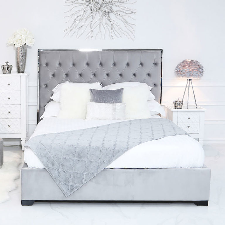 Natural Linen King Size Bed With A Chrome Frame And Linen Upholstery