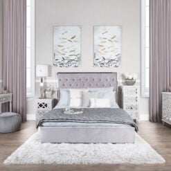 Grey Mirrored King Size Bed Frame With Velvet Style Upholstery