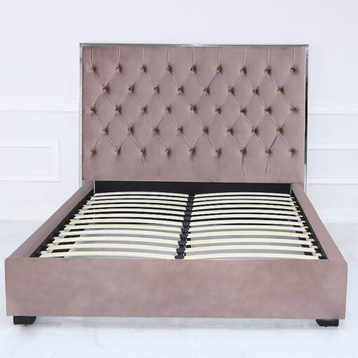Rose Pink King Size Bed With Chrome Frame And Velvet Style Upholstery