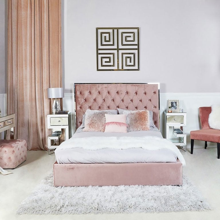 Rose Pink King Size Bed With Chrome Frame And Velvet Style Upholstery
