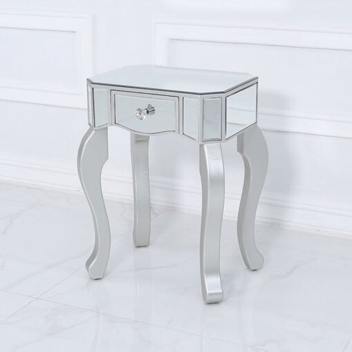 Amelia Mirrored Silver 1 Drawer End Side Table With A Crystal Handle