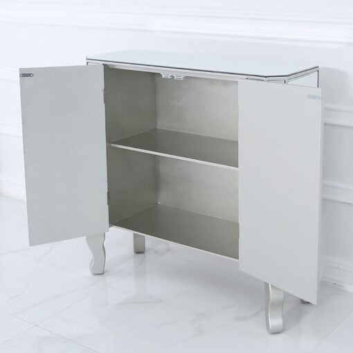 Amelia Mirrored Silver 2 Door Cabinet Sideboard With Crystal Handles