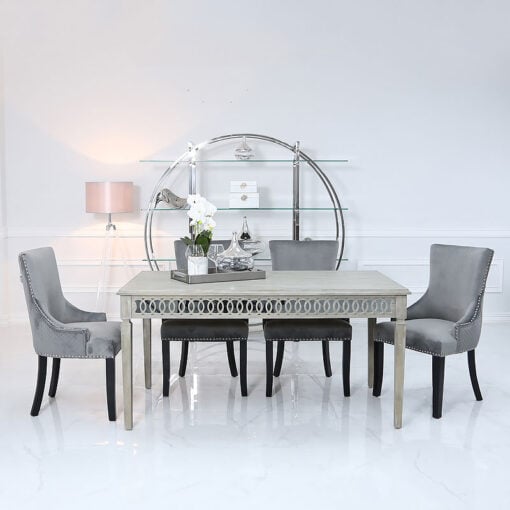 Bayside Mirrored 180cm Dining Table and 6 Grey Velvet Chairs Set