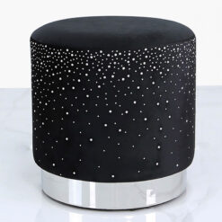 Black Round Stool With Velvet Fabric Adorned With Sparkling Diamantes