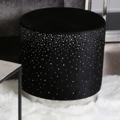 Black Round Stool With Velvet Fabric Adorned With Sparkling Diamantes