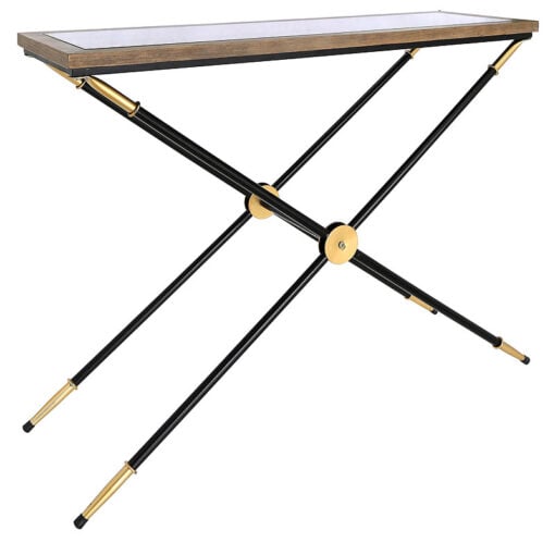 Byron Console Table With A Black And Gold Frame And Wood And Glass Top