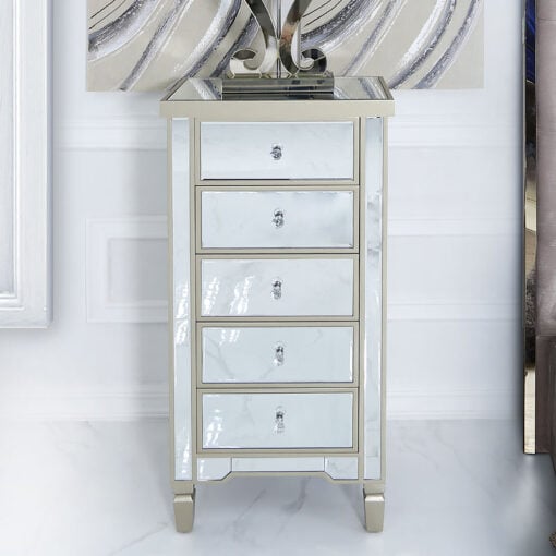 Georgia Champagne Luxe Mirrored 5 Drawer Tallboy Chest Of Drawers