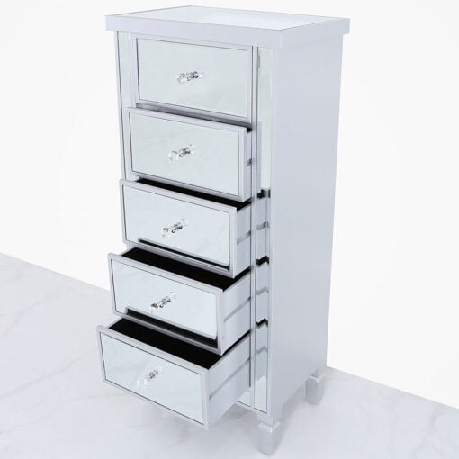 Georgia Silver Mirrored 5 Drawer Tallboy Cabinet Chest Of Drawers