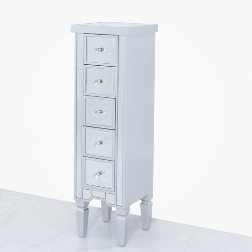 Georgia Silver Mirrored 5 Drawer Slim Tallboy Cabinet Chest Of Drawers