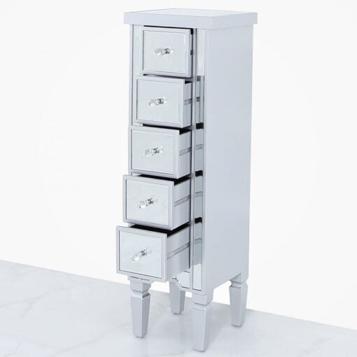 Georgia Silver Mirrored 5 Drawer Slim Tallboy Cabinet Chest Of Drawers
