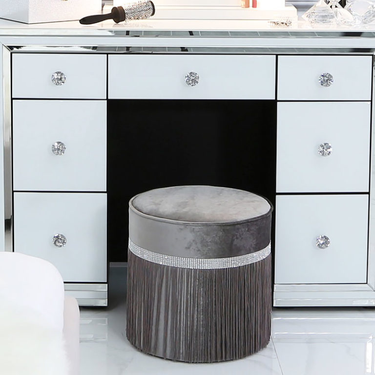 Grey Velvet Round Stool With A Glittering Diamante Band And Tassels | Picture Perfect Home