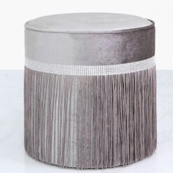 Grey Round Stool In Ruched Velvet With A Glittering Diamante Band