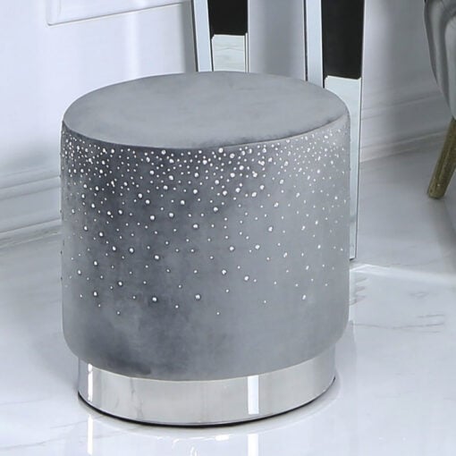 Grey Round Stool With Velvet Fabric Adorned With Sparkling Diamantes
