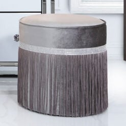 Grey Velvet Round Stool With A Glittering Diamante Band And Tassels