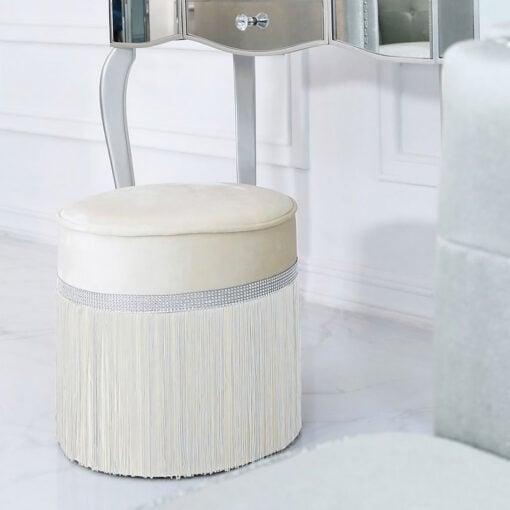 Ivory Velvet Round Stool With A Glittering Diamante Band And Tassels