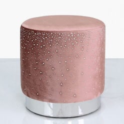 Salmon Pink Round Stool With Velvet Fabric Adorned With Sparkling Diamantes