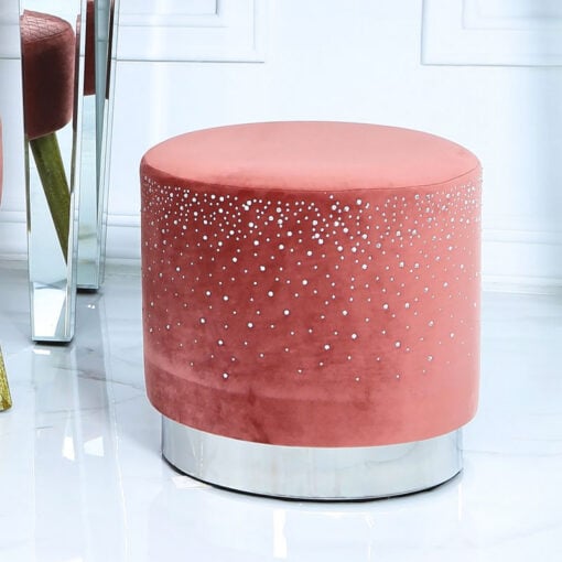 Salmon Pink Round Stool With Velvet Fabric Adorned With Sparkling Diamantes