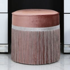 Salmon Pink Velvet Round Stool With A Glittering Diamante Band And Tassels