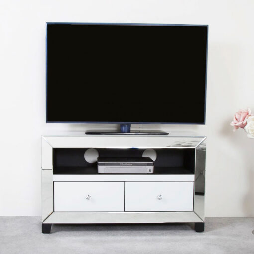Arctic White Mirrored Glass TV Stand Entertainment Unit Cabinet