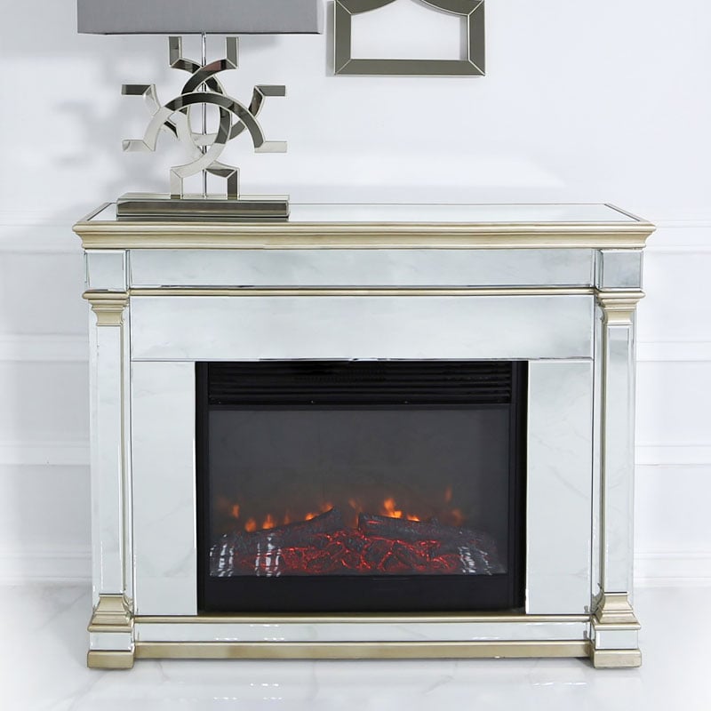 Athens Gold Mirrored Fireplace Fire Surround With Electric Fire Insert